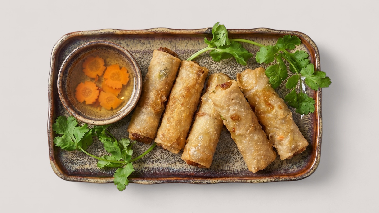 Splentify-enhanced spring rolls with dipping sauce