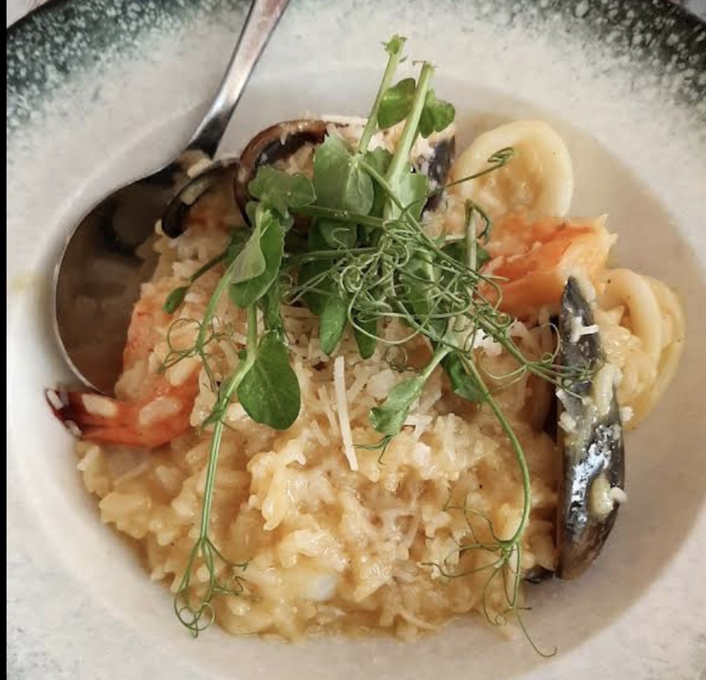 Original phone photo of seafood risotto