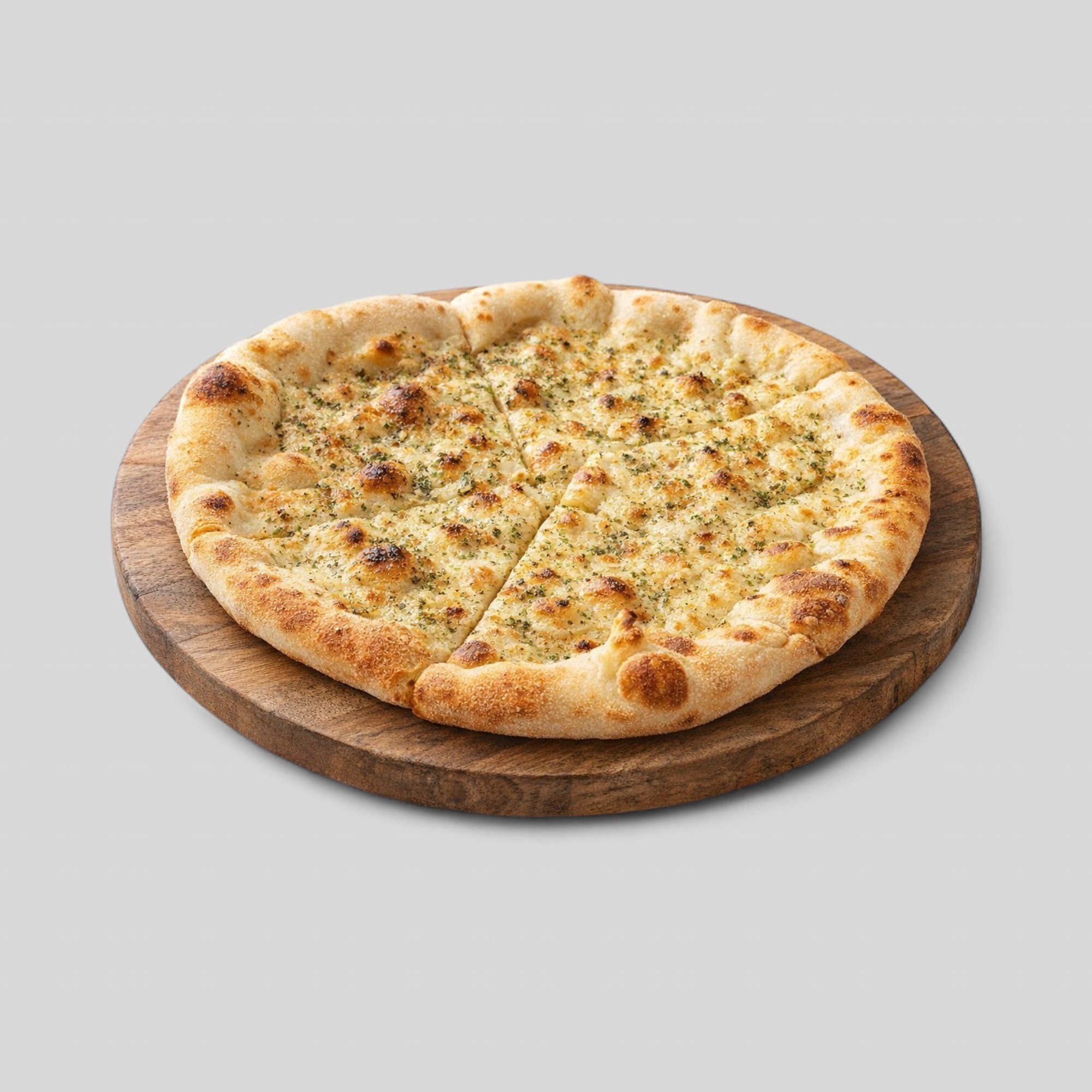 Enhanced garlic pizza on a wooden board